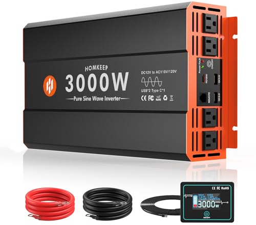 3000W Pure Sine Wave Power Inverter 12V DC to 110V AC Converter Peak Power 6000W for RV Truck Off-Grid Solar Car Inverter with 4 AC Outlets, 2 USB & 1 Type-C Ports, Cables Included, Remote Controller