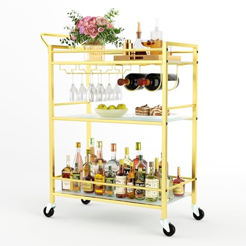 GRILL FORCE Bar Cart,3 Tier Carts with Wheels,Serving Rolling Carts,Small Wine Rack and Glass Holder Rolling Cart for Kitchen, Outdoor, Dining Room-Gold.