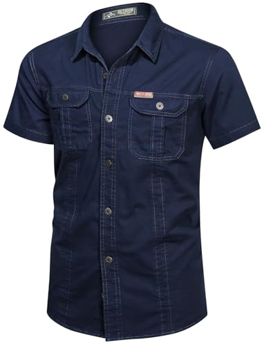 PADOLA Chemise Homme Manches Courtes Boutonnée Coton Chemisette Slim Fit Chemise Cowboy Cargo Chemises de Travail été Unie Chemisier de Plage Safari Militaire Tactique Shirt (2 Bleu foncé, L)