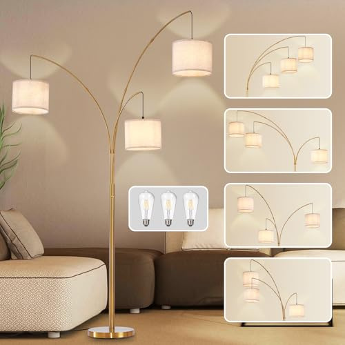DLLT Modern Floor Lamp for Room: 3-Light Gold Tree Floor Lamps with Beige Shades for Bedroom - Arc Standing Lamp for Living Room - Tall Floor Lamp for Office Corner 3 LED Bulbs Included