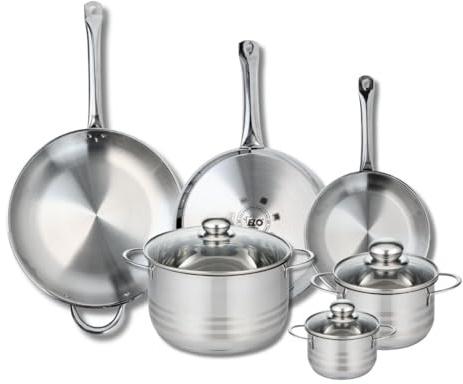ELO 9886450 Batterie de cuisine 6 pièces, Ensemble de 3 Poêles de cuisson 24, 28 et 32 cm et 3 faitouts 12, 16 et 24 cm Elo Profi Brillant, inox, induction, Gris