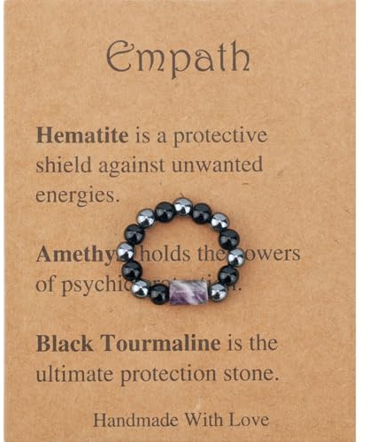 Mikovivi Crystal Rings, Spiritual Protection Ring with Card Purple Black Natural Gem Stone Adjustable Stretch Finger Gemstone Jewelry Fashion Lucky Gift for Birthday Office Home