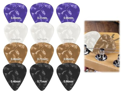 12er Set Gitarren Plektrum - 3 verschiedene Stärken 0,46mm 0,71mm 0,96mm, Zelluloid Gitarren-Plektren, Plektrum Personalisiert für Akustik- und E-Gitarre – In Schwarz Weiß Kaffee Lila, Herzform