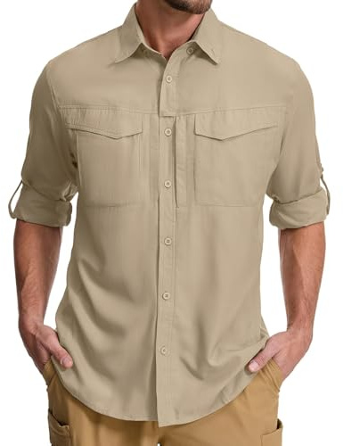 Asfixiado - Camicia da Uomo Safari UPF50+ Protezione UV a Maniche Lunghe, Camicia da Trekking da Uomo, Camicia Tecnica da Escursionismo Camicia da Escursionismo Respirabile a Secchezza Rapida, cachi