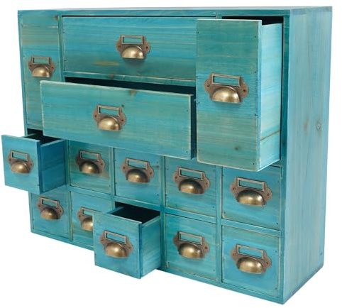 PBTERDTF Schubladenbox Holz 14-Schubladen-Schrank Holz-Medizinschrank Klein Retro Schubladen-Organisator Apothekerschrank Organizer für Bürobedarf, Schmuck, Medikamente (Blau)