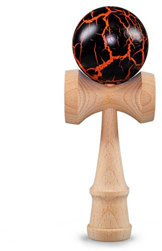 Ganzoo Kendama Tradicional japonés en Haya, Bilboquet de Habilidad con Bola 6 cm y Cuerda de Nylon, 3 Copas integradas y Copa Inferior, 16 cm Alto, 144 g, Negro Flash + Madera, Piezas equilibradas