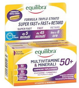 equilibra Integratori Alimentari, Multivitamine & Minerali 50+, Formula Potenziata, Energia, Sostegno, Funzioni Cognitive, 30 Compresse Triplo Strato a Rilascio Differenziato nel Tempo