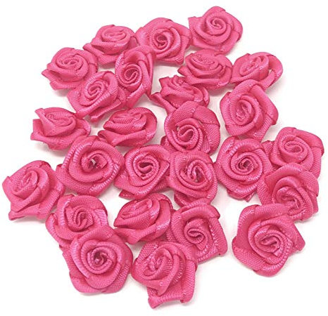 Fuchsia Pink 15mm Miniature Satin Ribbon Rose Flowers Decorative Craft Flowers (25)