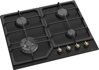SOLTHERMIC SA022W Placa de Gas Negra Con Mandos Dorados - 60 Cms, 4 Fuegos, Parrilla de Hierro Fundido - Compatible Con Gas Butano y Ciudad