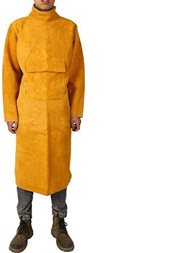 Lederschürze Schweißerschürze aus Leder mit Werkzeugtaschen, Werkstattschutz-Arbeitsschürze mit Ärmeln, verstellbarem Hüftgurt (Color : Yellow, Size : 120cm)