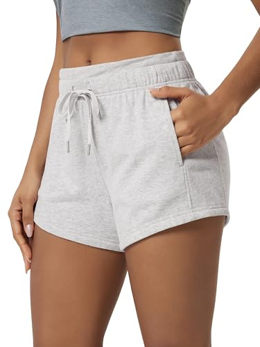 ODODOS Women's Sweat Shorts with Pockets Cotton French Terry Drawstring Summer Workout Casual Lounge Shorts, White Heather, Small