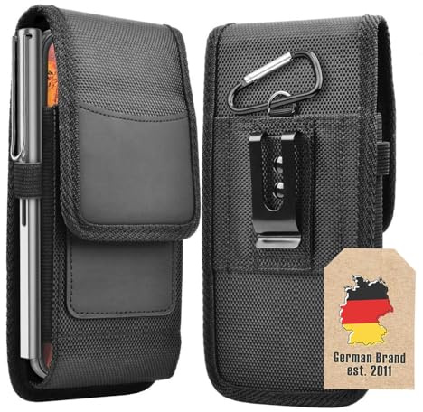 Cadorabo Universale Handytasche mit Gürtelclip für Smartphones der Größe 5 bis 6 Zoll -360 Grad Schutzhülle mit Gürtel Schlaufe- Maße: 14x 7,5X 1,7 cm- Gürteltasche mit Karabinerhaken, Schwarz, XL
