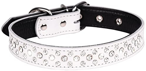 Serijoars Strass Hundehalsband für Kleine Mittlere Große Hunde, Einstellbar Glitzernd Kristall Weich Echtes Leder Bling Hundehalsbänder (L, Weiß)