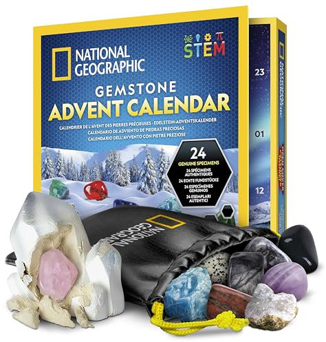 NATIONAL GEOGRAPHIC 2025 Calendario de Adviento de Gemas - Calendario para Niños con 24 Gemas para Abrir Cada Día, Colección de Rocas, Cuenta Atrás de Navidad con Mini Kit de Excavación de Gemas