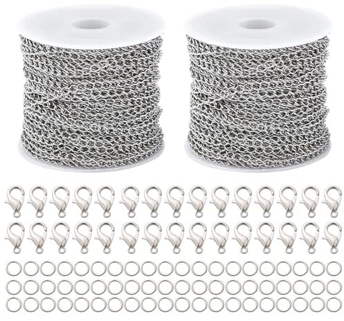 isac Ketten 2 STK 5m Basteln Gliederkette 2.4mm Kette DIY Jewellery Chain Link Chain Silber mit 30 Karabinerverschluss und 60 Sprung Ringe Edelstahl Kabel Gliederkette für DIY Schmuckherstellung