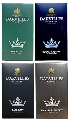 DARVILLES of WINDSOR - 100 Teabag Variety Mixed Collection Pack - 4 x 25 individually wrapped tag and envelope teabags - Royalty Assam, English Breakfast, Earl Grey & Darjeeling