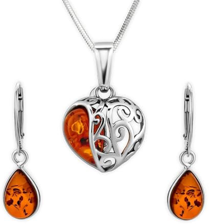 Copal Herzform Bernstein Schmuckset 925 Silber Kette Ohrringe Geschenk Für Frauen