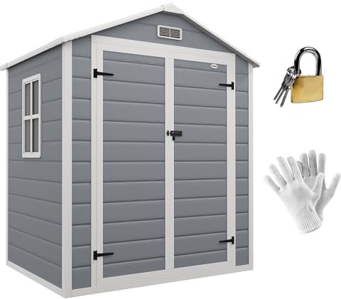 Outsunny Abri de Jardin cabanon en résine polypropylène 2,12 m² - 2 Portes 1 fenêtre et 1 Grille d'aération, Toit en Pente, Gris