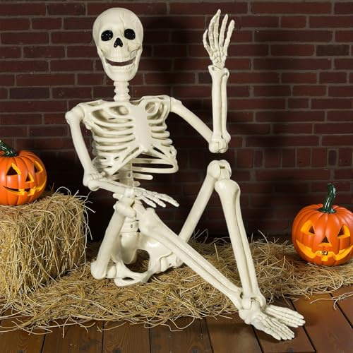 Bstalpine 90CM Esqueleto Humano Tamaño Real, Esqueletos con Articulaciones Móviles, Esqueleto Halloween para al Aire Libre de Interior jardín casa Patio Decoración