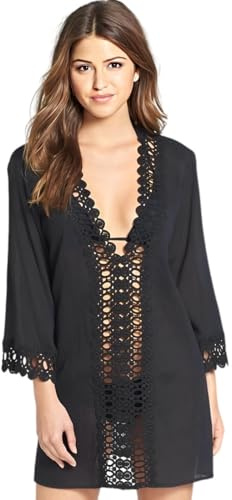 EOYVAIL Camisolas y pareos para mujer,Traje de baño para mujer, recorte, cubierta de playa para mujer, cuello en V, falda de playa de verano (negro, XL)
