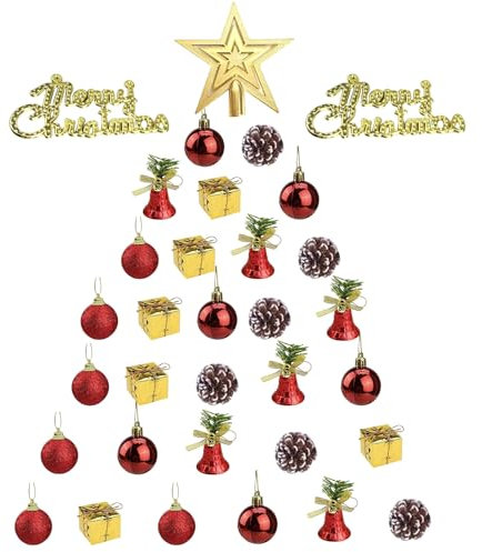 33 Stück Mini Weihnachtskugeln Set,4 cm Weihnachtskugeln Rot Gold mit Baumspitze & Merry Christmas Anhänger,Kleine Christbaumkugeln Kunststoff Weihnachtsbaum Tannenzapfen Glocken Baumkugeln Deko