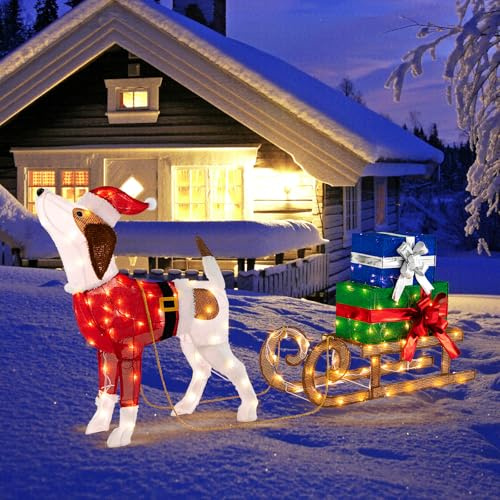 SOARS Weihnachtsdeko Hund mit Schlitten und 170 warmen LED-Lichtern | Weihnachtsfigur mit Weihnachtsmannmützen und Weihnachtskostümen, dekorative Beleuchtung mit 170 warmen LED-Lichtern