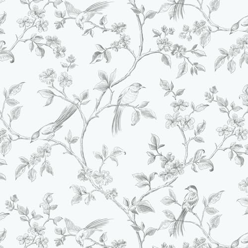 Yomshi Self Adhesive Wallpaper 41CMx10M Bird Wallpaper Peel and Stick Wallpaper White Vintage Contact Paper Sticky Back Plastic Roll for Living Room Bedroom Bathroom Kitchen