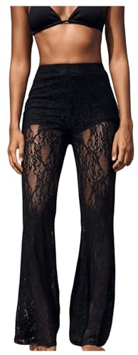 GORGLITTER Women's Lace Flared Trousers Sheer Bell Bottom High Waisted Sexy Going Out Party Club Pants Black S
