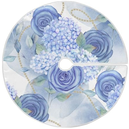 Christmas Tree Skirt Blue Hortensia Rose Hydrangea Xmas Tree Ornaments Christmas Tree Mat for Decorations Holiday Party 90cm