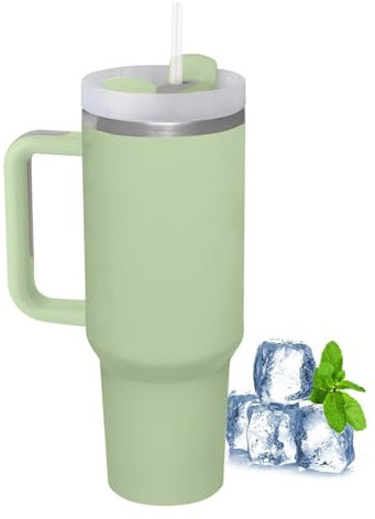 LOITTAINUE Tazza termica con cannuccia e manico, 1180 ml, 40 oz con coperchio, in acciaio inox, a doppia parete, per bevande calde fredde (verde)