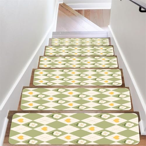 Odot Treppenstufen Matten, Pastorale Blumen Stufenmatten, Treppenteppich, Gummimatte Außenbereich, Stufenmatten Innen, 100% Polyester TPU -Rücken für Kinder, Älteste Haustiere (14pc,Grün)