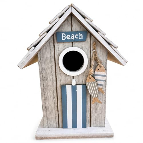 Boltze Vogelhaus Baduna mit Fischen & Beach-Schriftzug, Maritime Deko im Shabby-Look, MDF bemalt, ca. 15 x 12 x 19 cm, Hellblau Grau Weiß, Dekohaus für Fenster Regal Balkon Garten