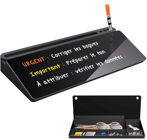 ANLIOTE Tableau Noir de Bureau en Verre avec Rangement 40x18cm | Organiseur Effaçable pour Accessoires de Bureau entre Clavier et Écran, Note Quotidienne et Tâches, avec 3 Craies