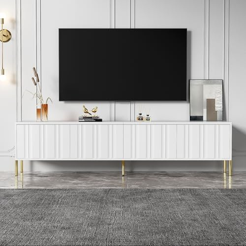 Jaxenor TV-skåp med räfflad dörrdesign, TV-skåp med gyllene bordsben, TV-bänk, lämplig för robotdammsugare, 190 cm, vit