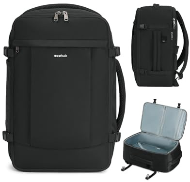 ECOHUB Sac a Dos Voyage Cabine Avion 45x36x20 pour Easyjet Bagage Cabine avec 3 Poches Zippées Cachées Bagage à Main Homme Sac à Dos pour Ordinateur 15.6 Pouces, Sac Cabine sous Siège, Noir, 30L
