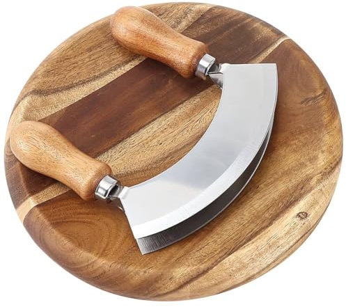 Ericetion Hacker Und Holzschneidebrett, 2 Stück, Edelstahl, Doppelklingenmesser, Kräuterhacker, Rocker, Gebogenes Holzbrett, Kräuterbeilbrett, Salathacker