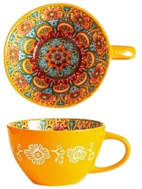 Keninll Taza de cerámica, pintada de estilo bohemio vintage, 400 ml, con asa, para desayuno, leche, café, té caliente, avena, color amarillo