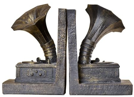 Fermalibri a forma di grammofono in resina vintage, design unico, fermalibri pesanti per mensole, decorazione perfetta per ufficio, decorazione antica