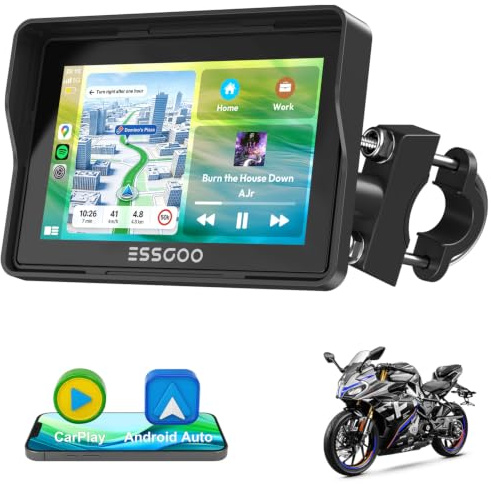 ESSGOO 5 Pouces CarPlay Moto Écran Android Auto sans Fil Tactile IPS | IP67 Étanche, Musique Bluetooth 5.3,Navigation GPS,Commande Vocale, Installation Démontage Faciles