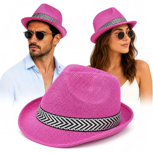 OTHERWISETRIVIAL Cappello Simil Paglia Unisex, Stile Panama e Fedora, per Spiaggia e Casual, Vari Colori e Modelli (Jazz Rosa)