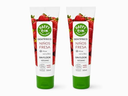HappyBio Dentífrico Infantil Fresa Sin Flúor Pack 2 Uds – Aloe Vera y Malva – Cuidado Natural para los Primeros Dientes – Pasta Dental Certificada Ecocert COSMOS Organic – Vegano – 2 x 50 ml