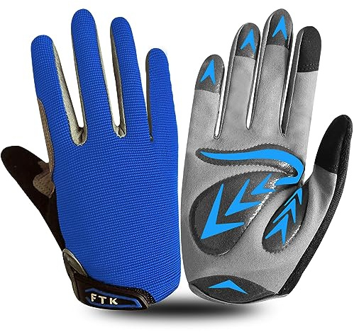 Gants Velo Enfant Cyclisme Junior Running VTT Moto Plein Doigt Poignée Paire, Gant Bicyclette Escalade Randonnée Skateboard Gel Résistant à l'abrasion Antideparant Mitaines Outdoor (S, Bleu)