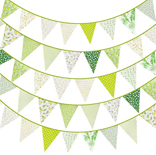 Whaline 40ft Fabric Bunting Banner Green Floral Vintage Bunting Flags Reusable Cotton Triangle Flag Garland with 42pcs Pennants for Garden Wedding Baby Shower Birthday Party Decoration