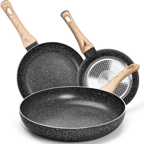 MICHELANGELO Non Stick Frying Pans - 8+9.5+11 Nonstick Frying Pan Set with Non-Toxic Stone Coating, Frying Pans Nonstick with Anti-Scald Handle, Induction Compatible