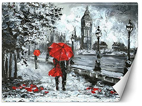 Feeby Papier Peint Intisse Parapluies Pour Couples 300x210 cm rouge Moderne Panoramique XXL Photo Mural Muraux Chambre Bureau Salle Londres Angleterre Rivière Thames
