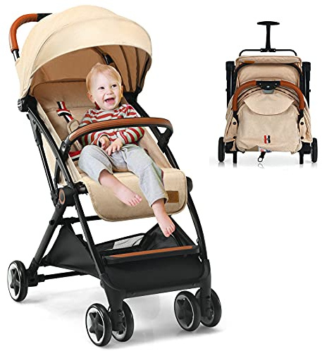 GYMAX Baby Foldable Stroller, Adjustable Backrest Pushchair with Safety Belt, Storage Basket, Leather Handle and Lockable Wheels, Toddler Pram Carriage for 0-3 Years Olds Infant Kids (Beige)