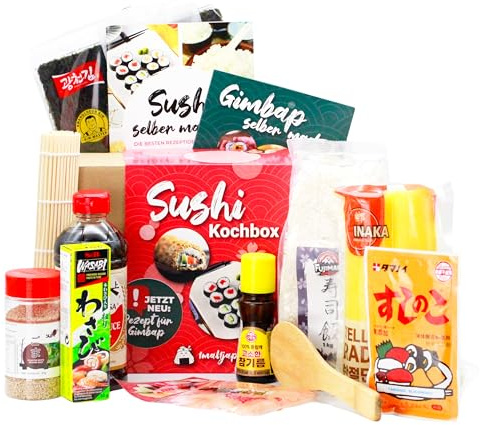Sushi Box + Gimbap – für 6 Portionen, 11-teilige Kochbox inkl. Rezepte für Maki, Nigiri, Inside-Out & Kimbap – mit Reis, Nori, Sojasauce, Wasabi & Bambusmatte, vegan, Japan Geschenkidee