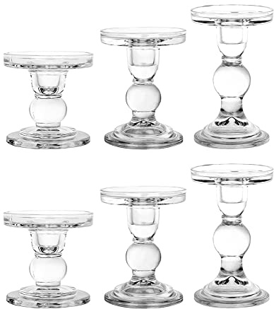 BTGLLAS 6-Piece Set of Glass Candlestick, Crystal Candlestick Holder Holder and Conical Candle, Christmas Candle Holder Decoration, Family Living Room Wedding Candle Holder (Clear 2sets)