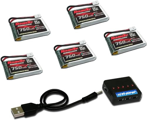 ROARINGTOP 3.7 V Lipo Battery 750mAh 25C 5 Pack Lipo Batteries with Molex Plug 5 in 1 Charger for Syma X5 X5A X5SW X5C X5C1 RC Quadcopter Drone Spare Parts