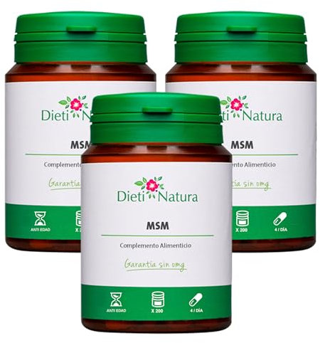 Dieti Natura 200 Cápsulas de MSM - Antioxidante y Antiinflamatorio Natural - Ayuda a Combatir el Dolor de Osteoartritis - MSM para la Movilidad Articular - Fabricado en Francia (Pack de 3)
